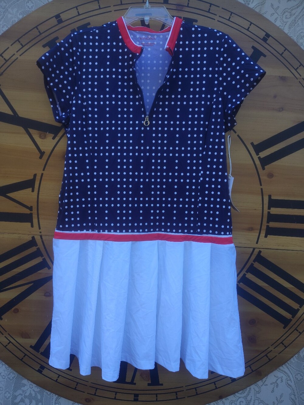 Kinona Navy Polka Dot Dress with White Skirt and Red Trim